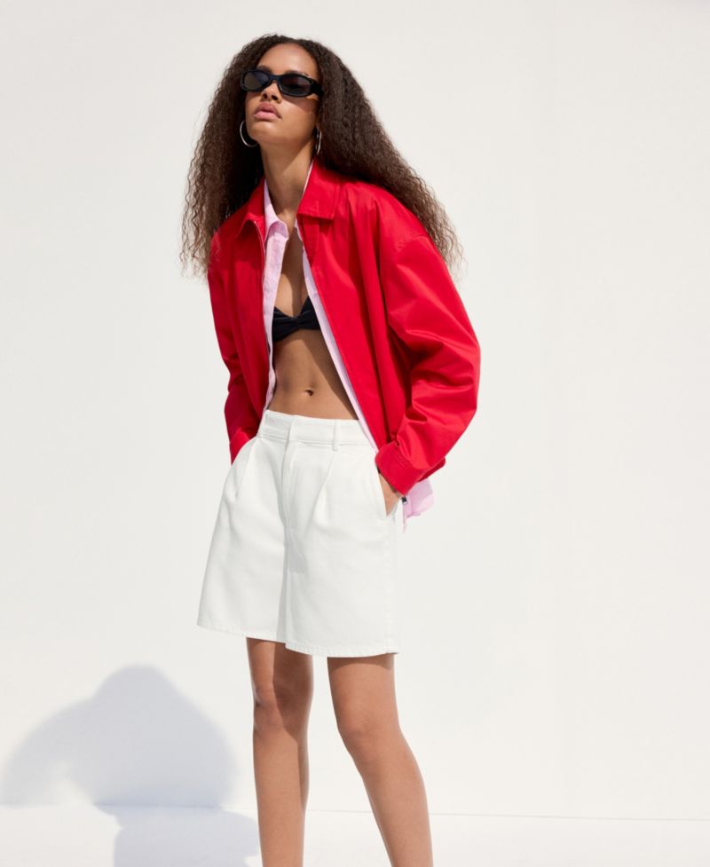 Women's Pleats Mid-Rise Denim Bermuda Shorts