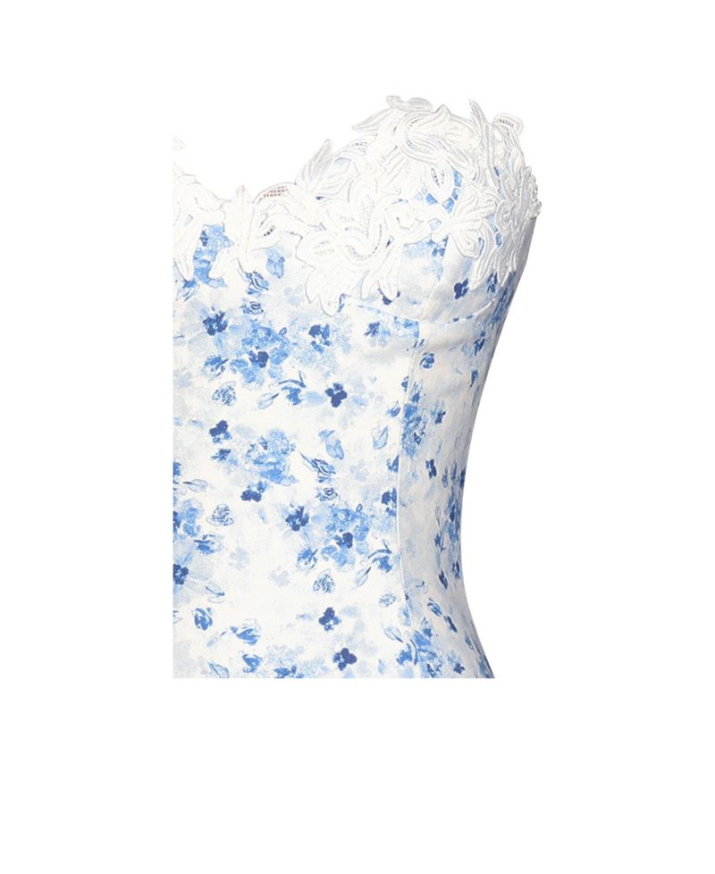 Women's Taleah Blue Floral Print Linen Mini Dress with Lace Trim