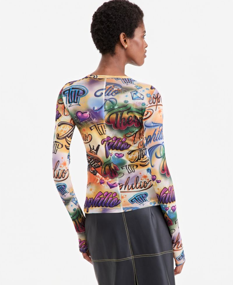 Women's Graffiti Print Sheer-Mesh Long-Sleeve Top