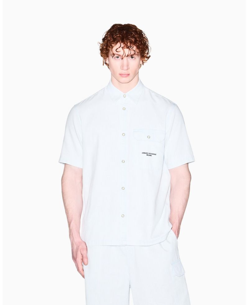 Men's Short Sleeve Denim Striped Shirt
