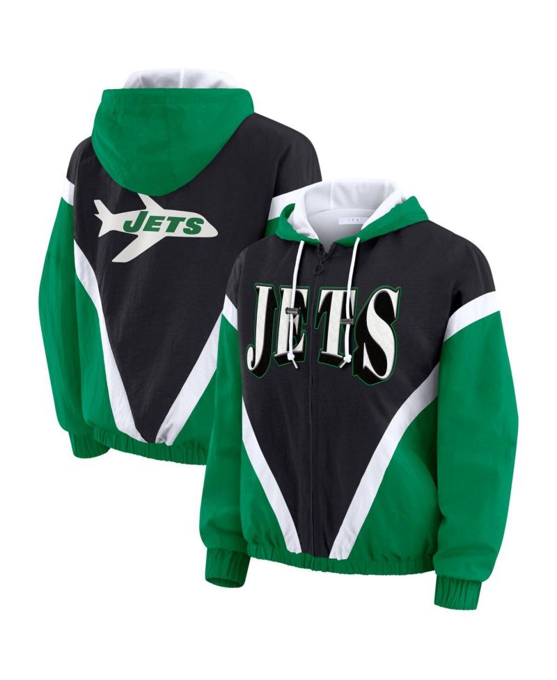 Women's Kelly Green/Black New York Jets Retro Crinkle Full-Zip Hoodie Windbreaker Jacket