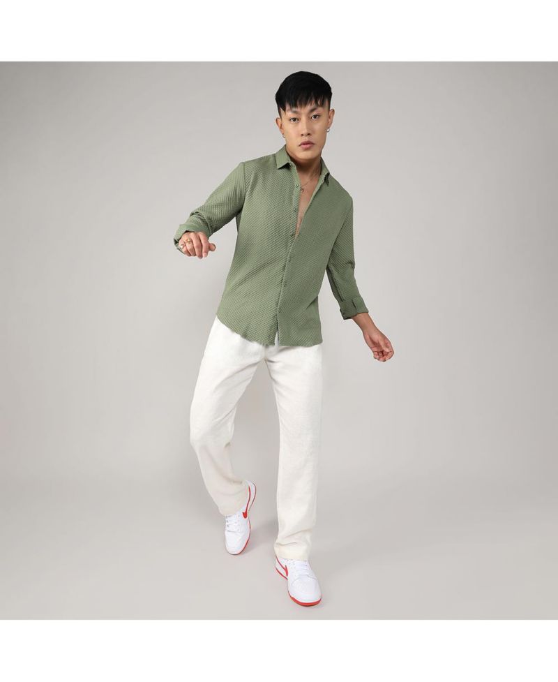 Men's Pistachio Green Textured Micro Buffalo Check Shirt