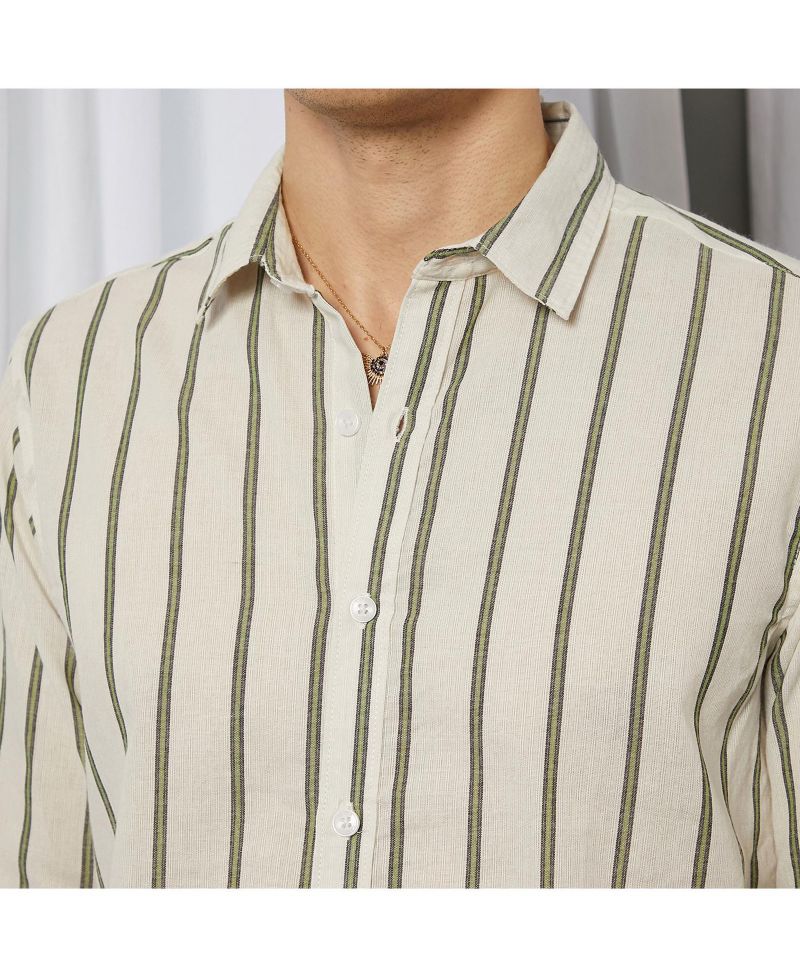 Men's Saltbox Beige & Sage Green Lined Halo-Striped Shirt