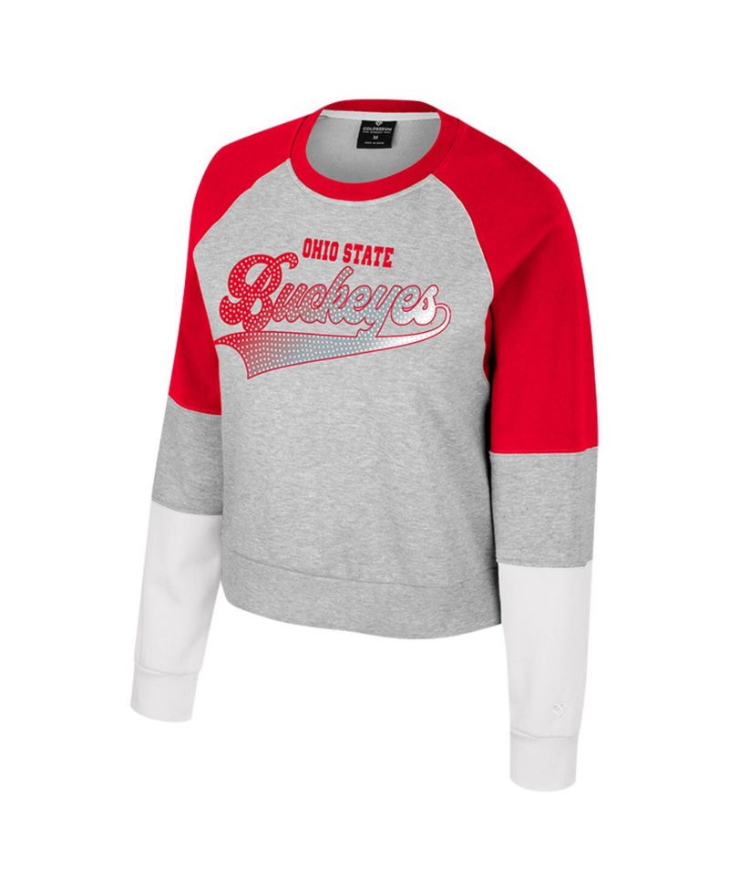 Women's Heather Gray Ohio State Buckeyes Katinka Rhinestone Scoop Neck Pullover Sweatshirt