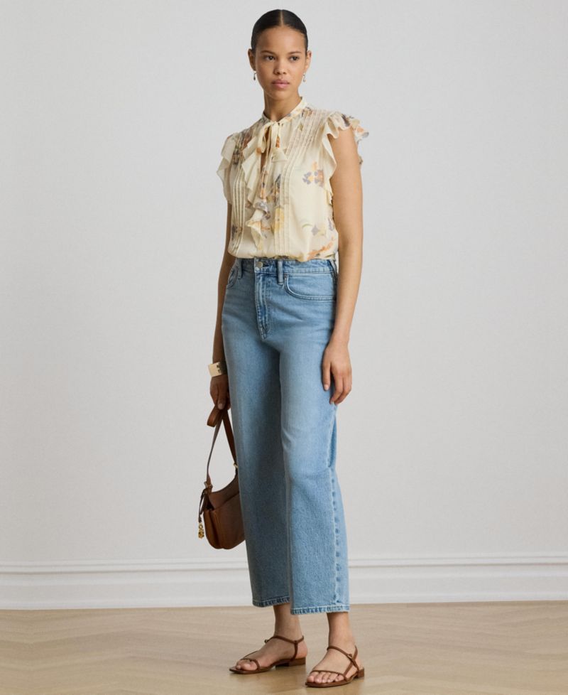 Women's Floral Pintucked Band Collar Tie-Neck Blouse