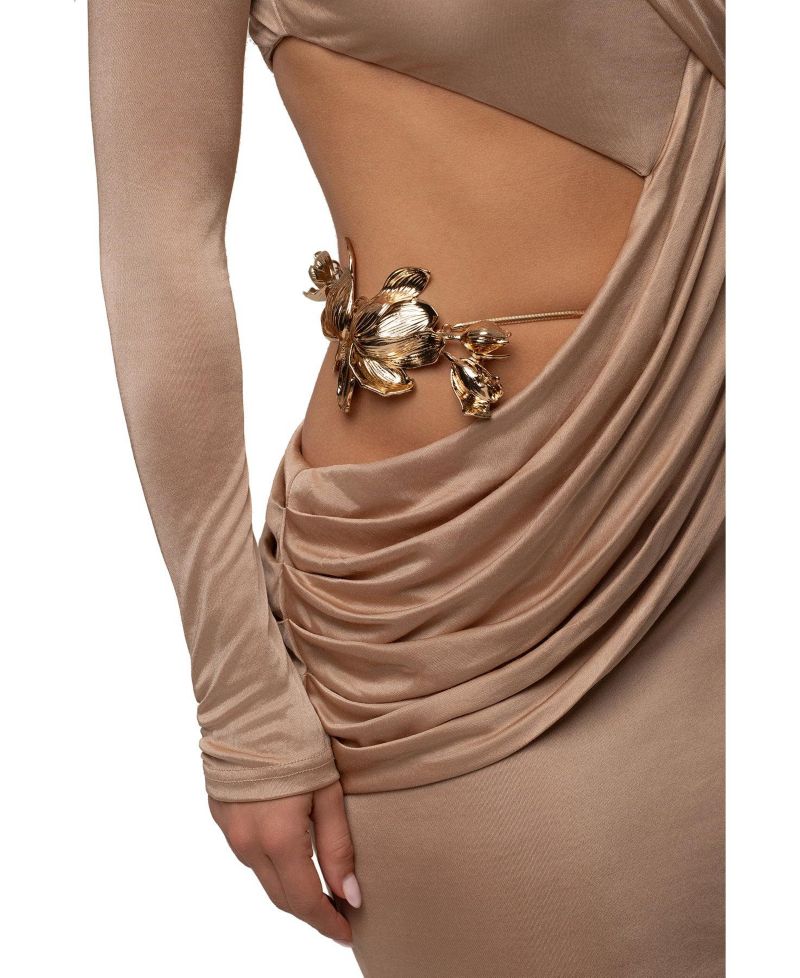 Women's Golden Frame Accent Long-Sleeve Asymmetrical One-Shoulder Cutout Dress