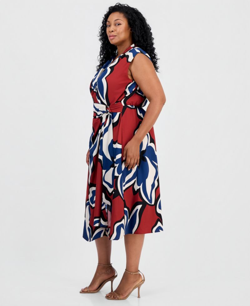 Plus Size Sleeveless Faux-Wrap Midi Dress