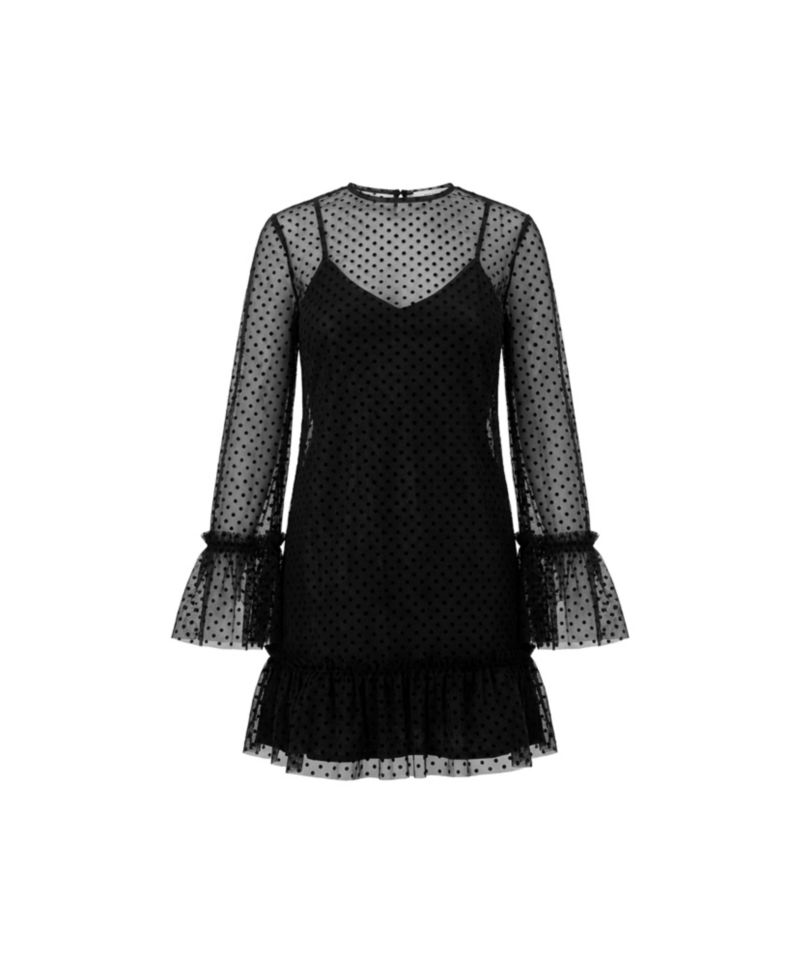 Women's Flocked Polka Dot Short Dress with Wide Long Sleeves