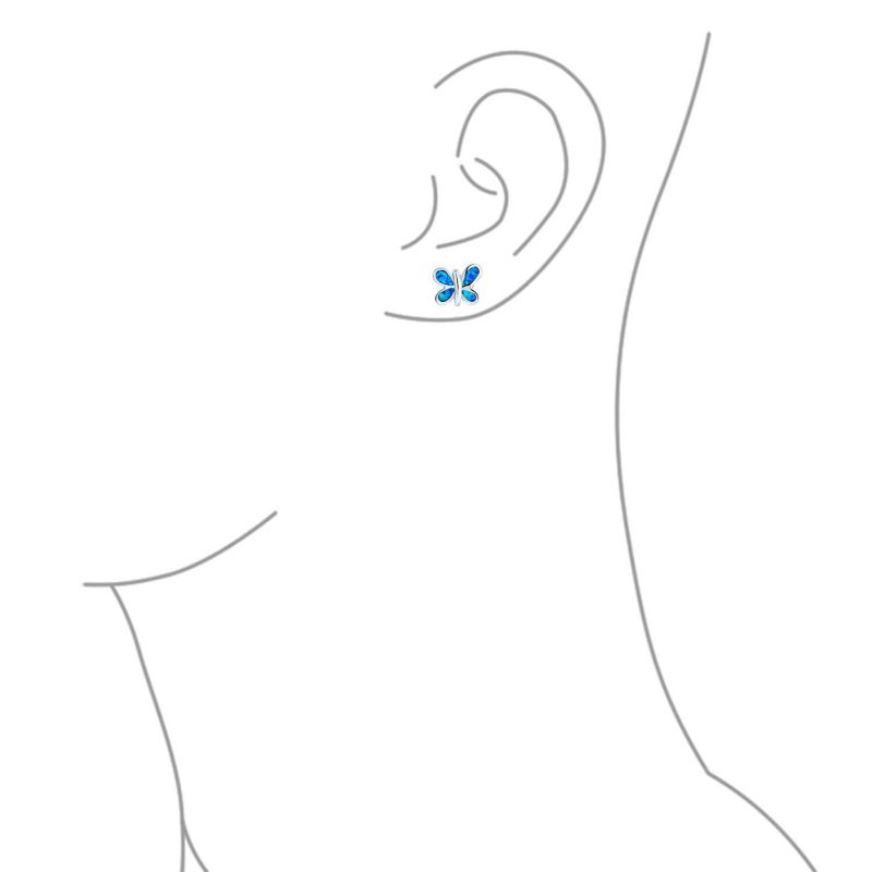 Petite Butterfly Stud Earrings Created Blue Opal Inlay .925 Sterling Silver