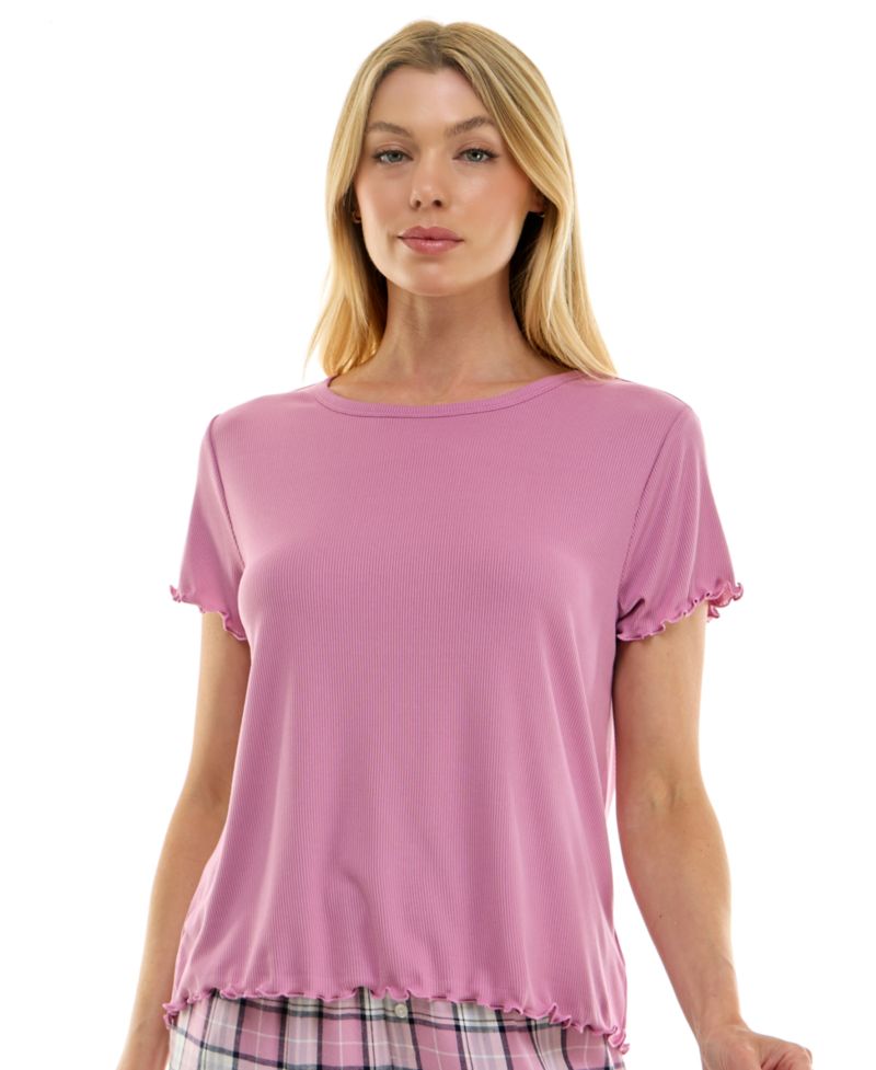 Women's Crew Neck Lettuce-Edge Trim Short-Sleeve Tee