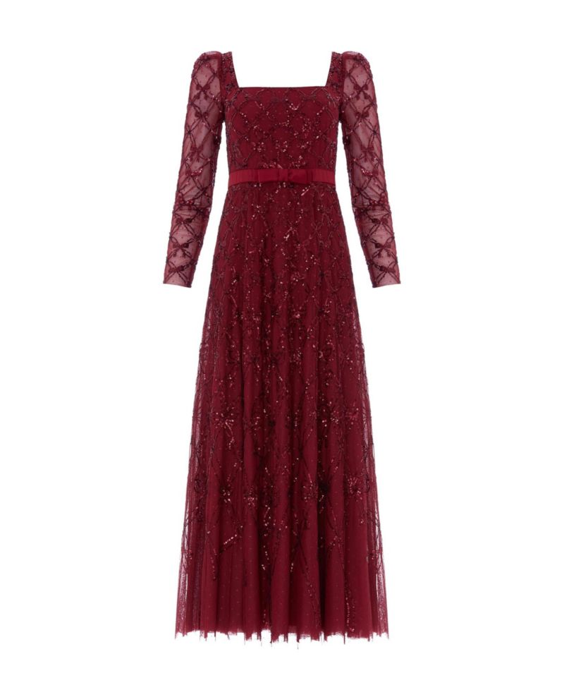 Women's Bow Lattice Long Sleeve Sequin Gown