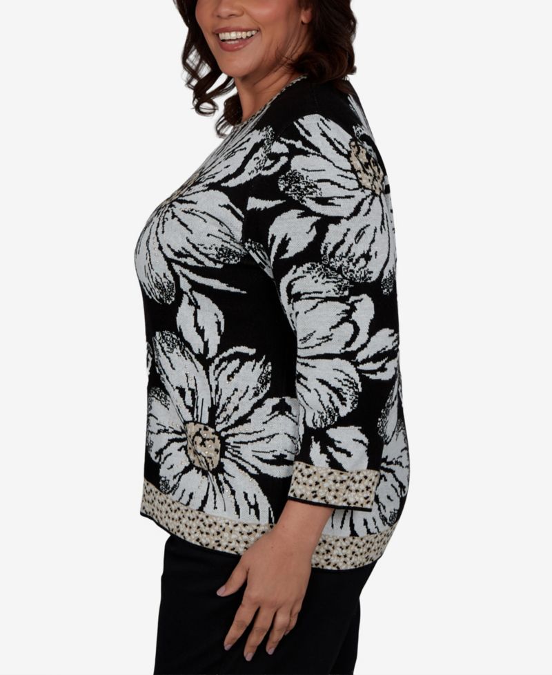 Plus Size Travel Advisory Floral 3/4-Sleeve Crewneck Sweater
