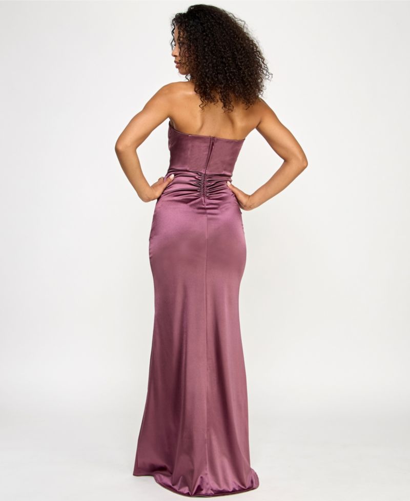 Juniors' Iris Sateen Corset-Bodice Slit Gown