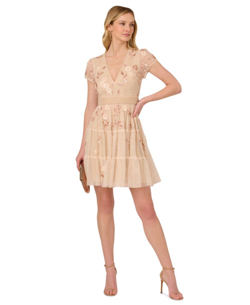 Women's V-Neck Beaded Mesh Dress
