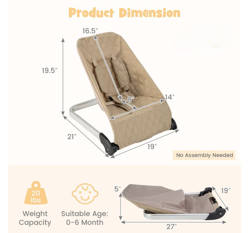 Portable Baby Bouncer Seat with Sturdy Aluminum & Metal Frame for Infants