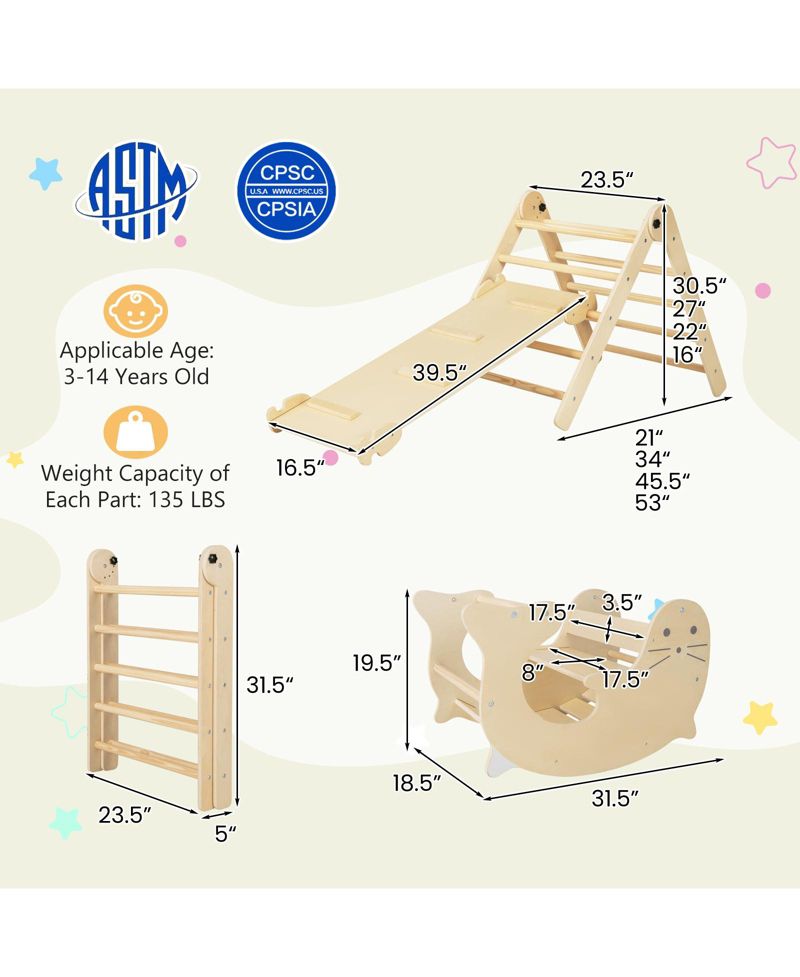 Ages 3+ 7-in-1 Height-Adjustable Indoor Climbing Gym with Reversible Ramp