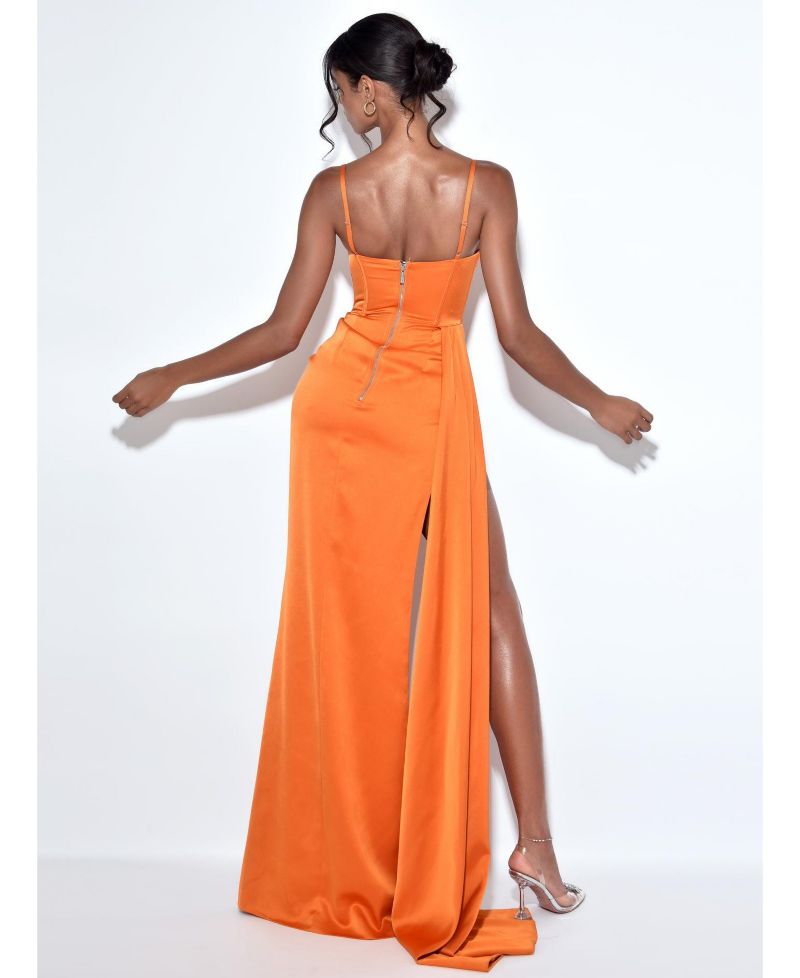 Women's Elayna Orange Strappy Satin Corset High Slit Gown