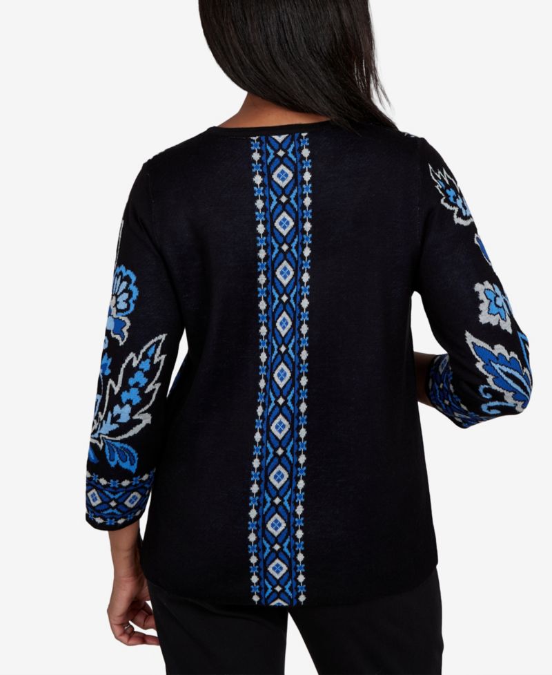 Petite 3/4-Sleeve Floral-Geometric Henley Pullover Sweater