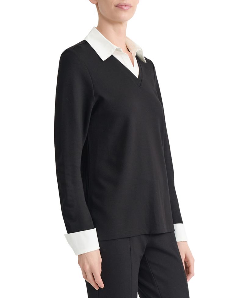 Plus Size Twofer Long-Sleeve Collared V-Neck Woven-Cuff Blouse