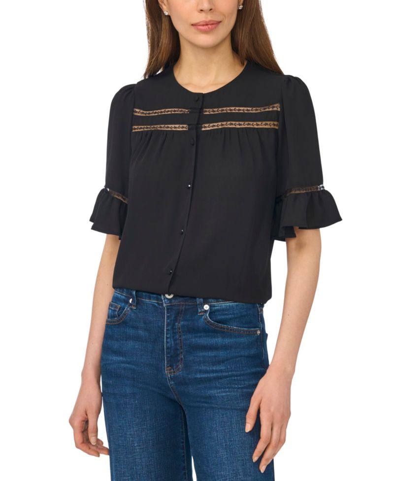 Women's Ruffle-Sleeve Horizontal Lace Insets Top