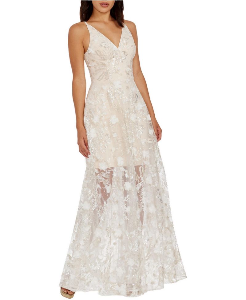 Women's Sidney 3D Floral Embroidery and Sequin V-Neck Floor-Length Gown