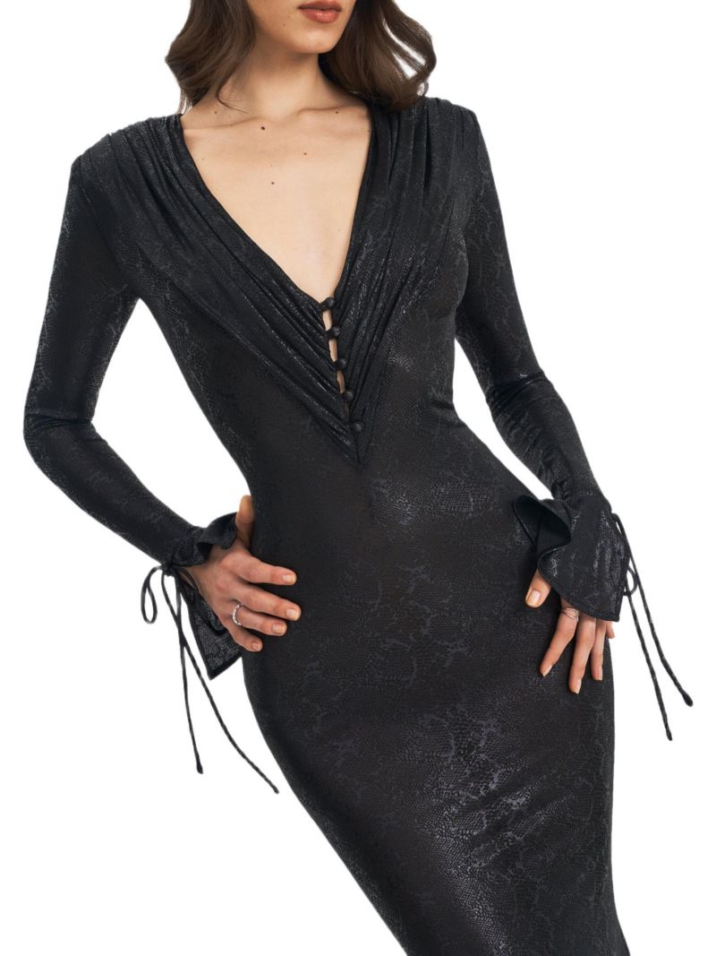 Women's Ilysia Black V-Neck Plunge Snakeskin Mermaid Hem Maxi Dress