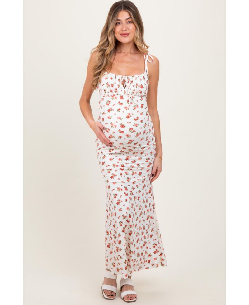 Women's Ribbed Floral Shoulder Tie Maxi Dress
