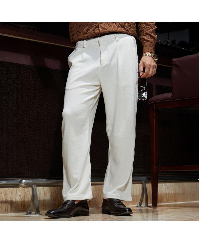 Men's Cream White Waffle-Pleated Straight Trousers