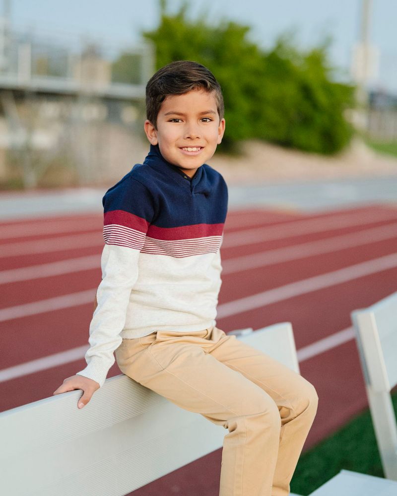 Hope and Henry Little and Big Boys' Organic Long Sleeve Shawl Collar Cable Sweater with Elbow Patches