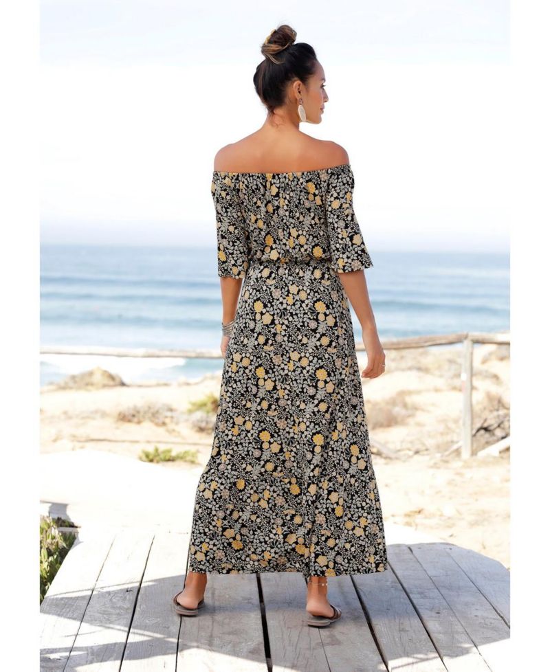 Women's Viscose Floral Print Off Shoulder A-Line Maxi Dress