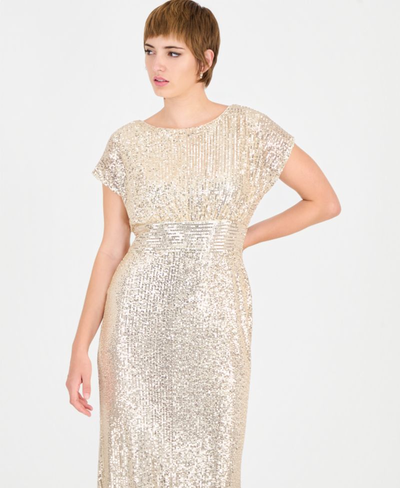 Women's Allover-Sequin Cape-Sleeve Side-Slit Gown