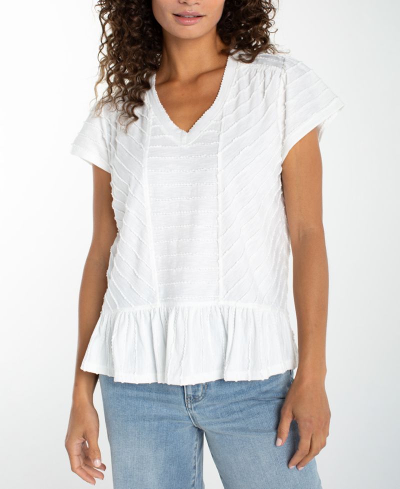 Petite V-Neck Scalloped Stripe Top