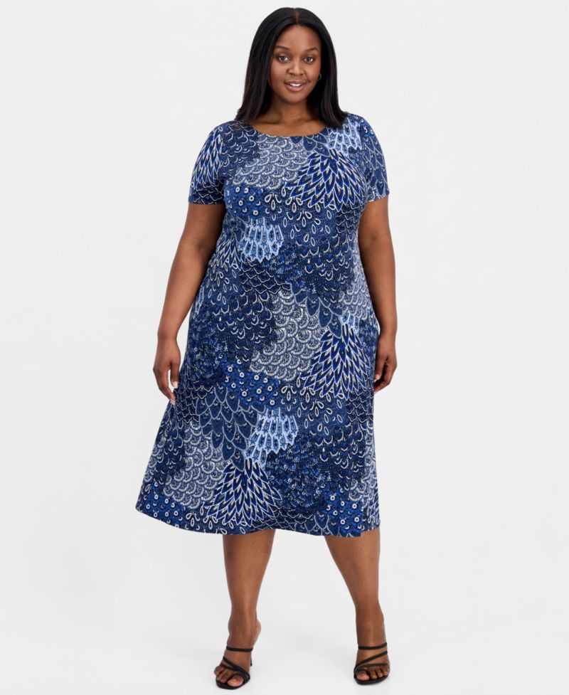 Plus Size Printed Round-Neck A-Line Dress