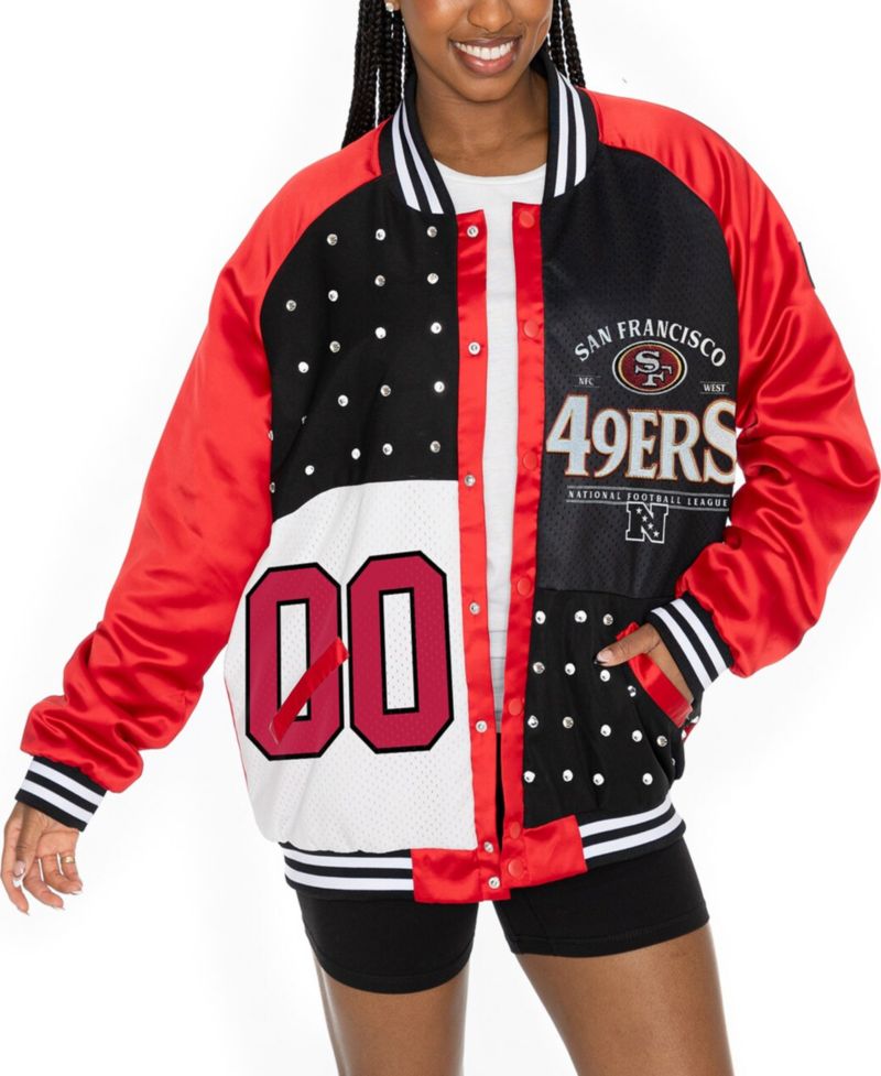 Women's Scarlet/Black San Francisco 49ers Oversized Hot Shot Rhinestone Throwback Full-Snap Varsity Bomber Jacket