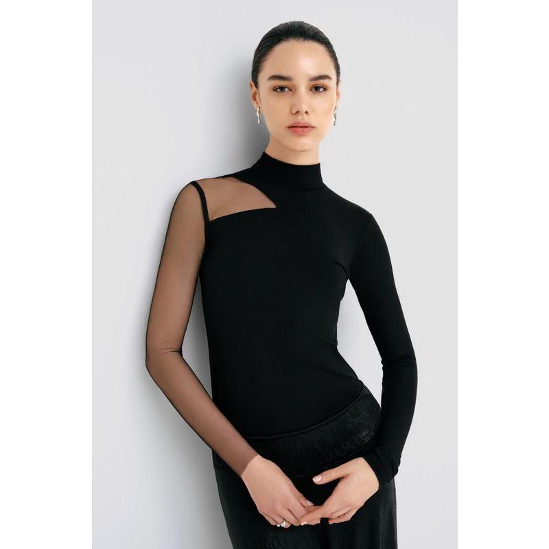 Women's Ysabel Mock-Neck Mesh-Sleeve Fitted Jersey Top