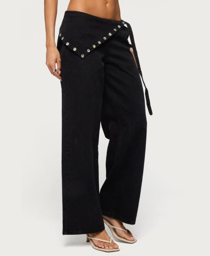 Women's Button Foldover Low Rise Baggy Jeans