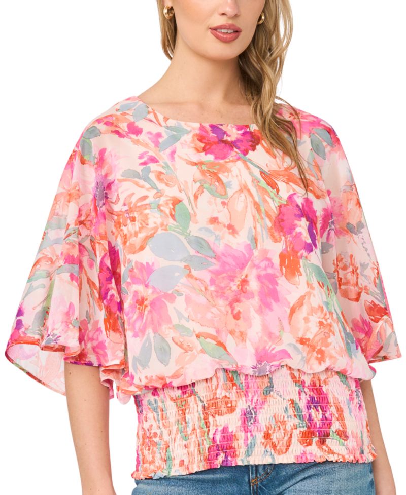 Women's Smocked Waist Floral-Print Dolman-Sleeve Blouse
