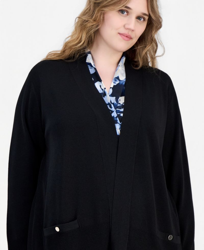 Plus Size Collarless Open-Front Cardigan