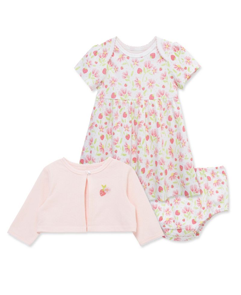 Baby Girls' Short-Sleeve Dress, Cardigan and Diaper Cover, 3-Piece Set