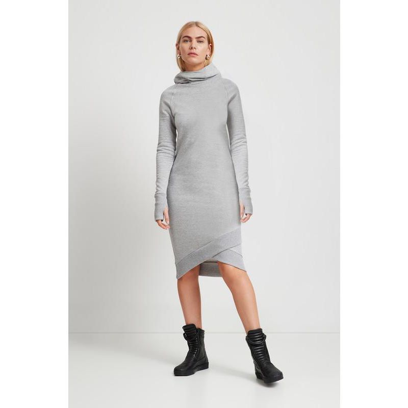 Women's Walker Hooded Midi Sweatshirt Dress with Layered Tulip Hem