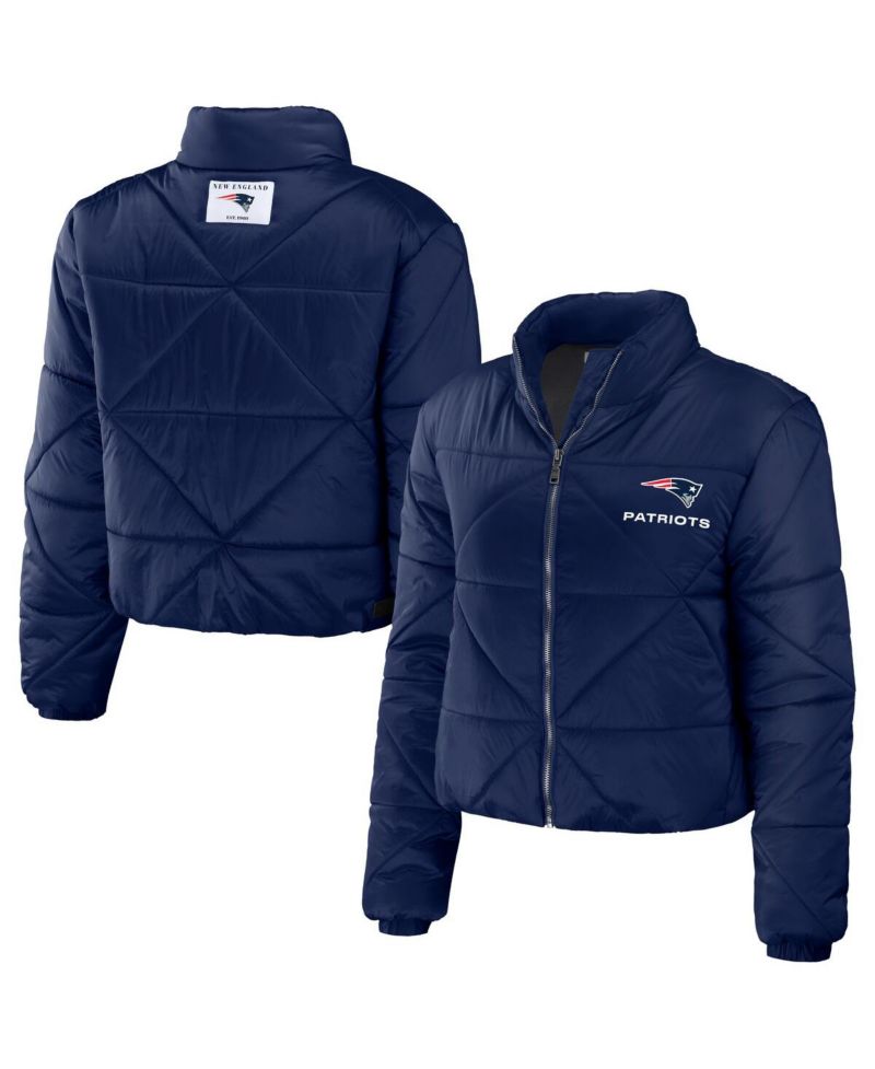 Women's Navy New England Patriots Cropped Puffer Full-Zip Jacket
