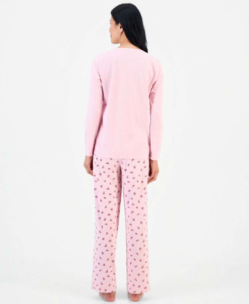 Women's Cotton-Blend Long Sleeve V-Neck Pajama Pant Set