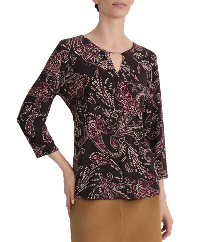 Petite Paisley-Print 3/4-Sleeve Keyhole-Neck Blouse