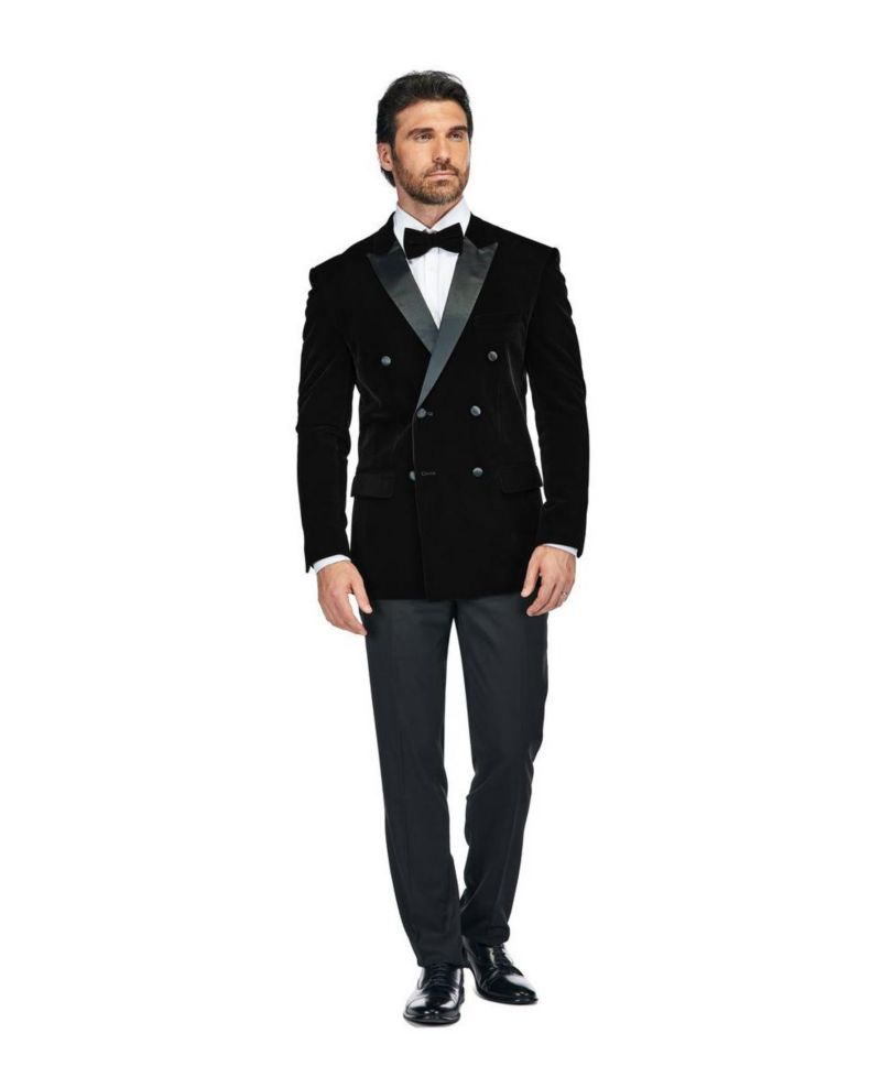 Men's 2 Piece Double Breasted Velvet Birdseye Lapel Slim Fit Tuxedo