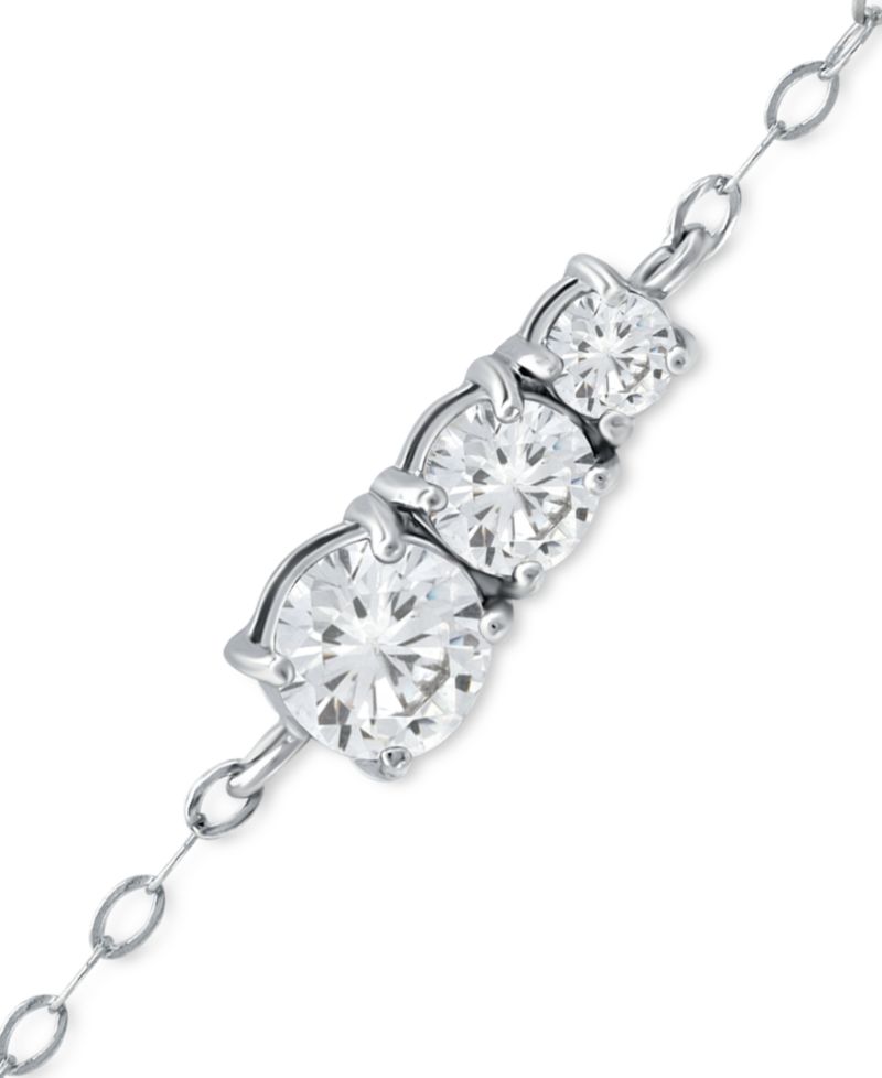 Cubic Zirconia Graduated Three Stone Chain Link Ankle Bracelet in Sterling Silver