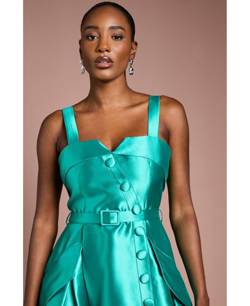 Women's Button-Trim Belted Full Skirt Midi Dress