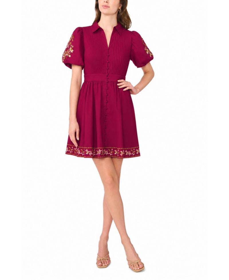 Women's Embroidered-Pintuck Puff-Sleeve Mini Dress