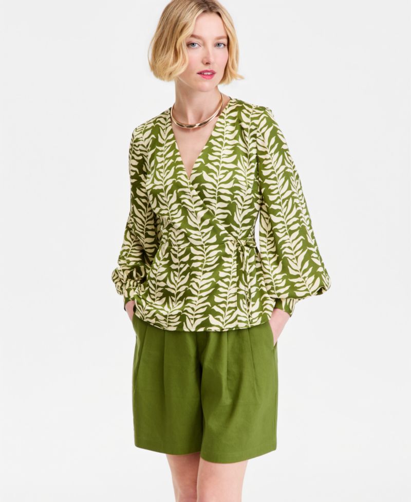 Women's Printed Blouson-Sleeve Wrap Blouse