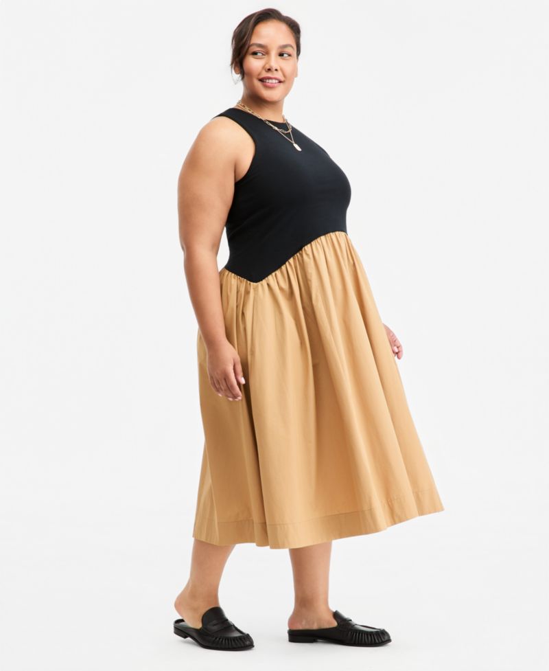 Women's Curved-Waist Mixed-Media Midi Dress