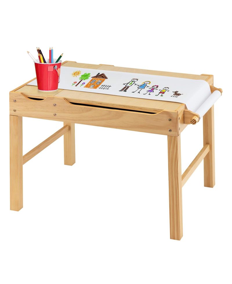 Wooden Building Block Activity Desk for Kids with Storage and Paper Roll